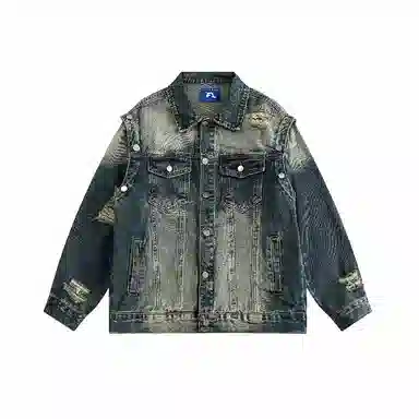 洞洞拐 美式复古蓝水洗做旧破坏重工独特情侣高街宽松潮牛仔外套 男女同款