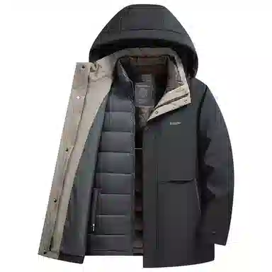 鸭鸭 三合一系列 中老年纯色商务休闲可拆卸帽短款户外防风保暖厚款羽绒服外套 男