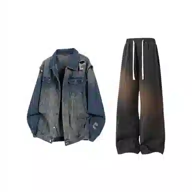 【废土风破洞牛仔外套裤子一套】布客行 美式潮牌水洗做旧高街痞帅长袖通勤抽绳宽松阔腿简约百搭长裤休闲运动套装 男女同款