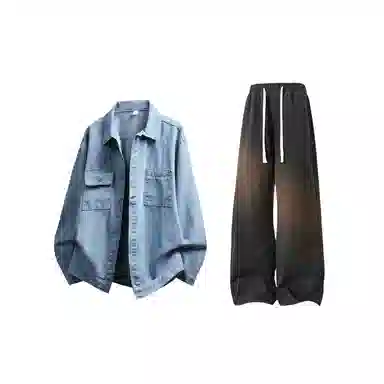 【纯色牛仔工装夹克裤子一套】布客行 复古简约美式翻领单排扣外套抽绳松紧腰口水洗做旧宽松阔腿长裤休闲运动套装 男女同款