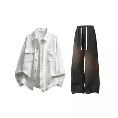 【纯色牛仔工装夹克裤子一套】布客行 复古简约美式翻领单排扣外套抽绳松紧腰口水洗做旧宽松阔腿长裤休闲运动套装 男女同款