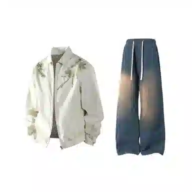 【万针刺绣立体花卉两面穿夹克牛仔裤一套】布客行 翻领拉链美式潮牌长袖外套抽绳港风宽松阔腿水洗做旧长裤休闲运动套装 男女同款