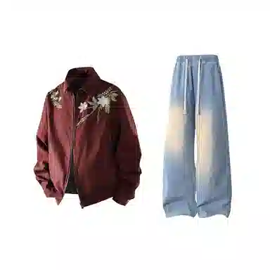 【万针刺绣立体花卉两面穿夹克牛仔裤一套】布客行 翻领拉链美式潮牌长袖外套抽绳港风宽松阔腿水洗做旧长裤休闲运动套装 男女同款