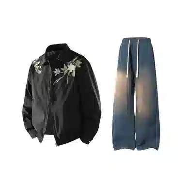 【万针刺绣立体花卉两面穿夹克牛仔裤一套】布客行 翻领拉链美式潮牌长袖外套抽绳港风宽松阔腿水洗做旧长裤休闲运动套装 男女同款