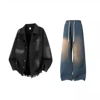 【扎染脏脏牛仔外套裤子一套】布客行 港风潮流别背面字母印花高街大码百搭抽绳水洗做旧阔腿舒适长裤休闲运动套装 男女同款