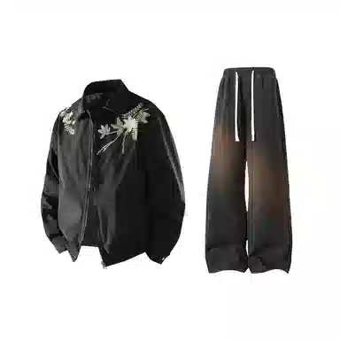 【万针刺绣立体花卉两面穿夹克牛仔裤一套】布客行 翻领拉链美式潮牌长袖外套抽绳港风宽松阔腿水洗做旧长裤休闲运动套装 男女同款