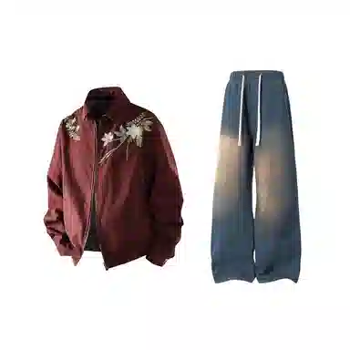 【万针刺绣立体花卉两面穿夹克牛仔裤一套】布客行 翻领拉链美式潮牌长袖外套抽绳港风宽松阔腿水洗做旧长裤休闲运动套装 男女同款