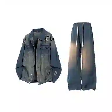 【废土风破洞牛仔外套裤子一套】布客行 美式潮牌水洗做旧高街痞帅长袖通勤抽绳宽松阔腿简约百搭长裤休闲运动套装 男女同款