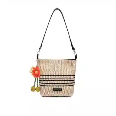 稻草人 编织通勤百搭花朵挂饰 合成革 水桶包单肩斜挎包 常规 女款 米白