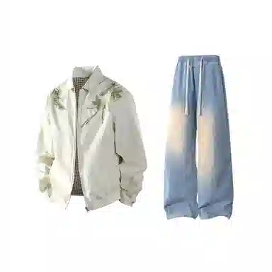 【万针刺绣立体花卉两面穿夹克牛仔裤一套】布客行 翻领拉链美式潮牌长袖外套抽绳港风宽松阔腿水洗做旧长裤休闲运动套装 男女同款