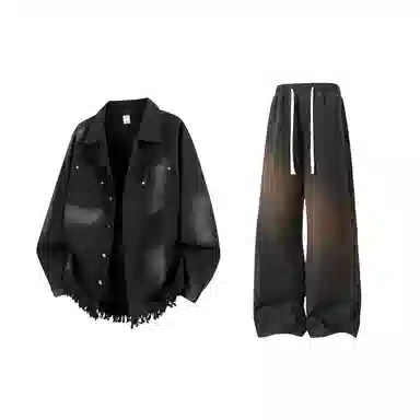 【扎染脏脏牛仔外套裤子一套】布客行 港风潮流别背面字母印花高街大码百搭抽绳水洗做旧阔腿舒适长裤休闲运动套装 男女同款