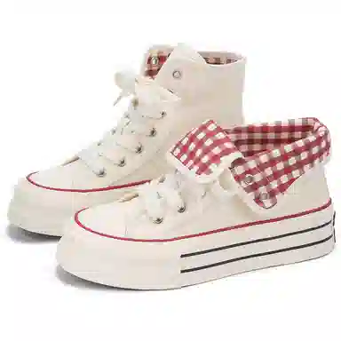 韩系小众百搭翻边格纹学院风舒适轻便防滑休闲运动两穿 耐磨增高减震 高帮 帆布鞋 女款