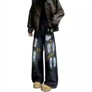 Big Check Black Cat Paint Graffiti Jeans