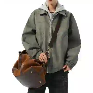 美式复古高街情侣大码假两件皮夹克时尚休闲百搭宽松连帽外套工装飞行员机车皮衣 男女同款