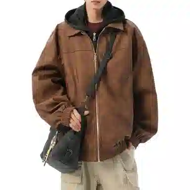 美式复古高街情侣大码假两件皮夹克时尚休闲百搭宽松连帽外套工装飞行员机车皮衣 男女同款