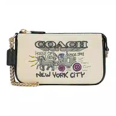 COACH Wristlet 19 Canvas Leather Mahjong Bag White