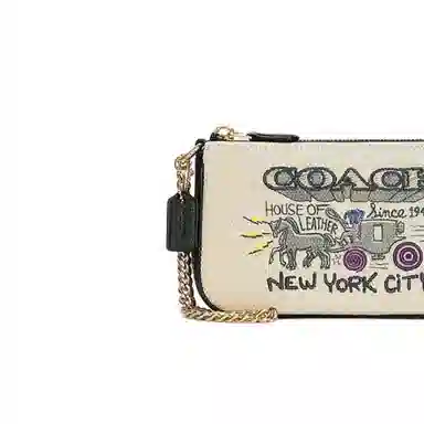COACH Wristlet 19 Canvas Leather Mahjong Bag White