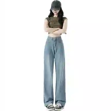 邓大喵 阔腿高腰宽松显瘦复古小个子直筒拖地水泥裤子牛仔裤 女款