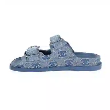 CHANEL Miel Denim Flat Sandals Blue
