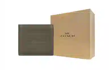 COACH 10 Logo Embossed Leather Bi-Fold Wallet Military Green