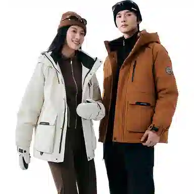鸭鸭 户外工装系列 连帽保暖休闲防风情侣纯色徽章时尚羽绒服 男女同款