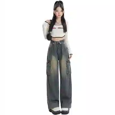 邓大喵 美式翻边直筒女春季美拉德复古工装裤阔腿裤长裤牛仔裤 女款