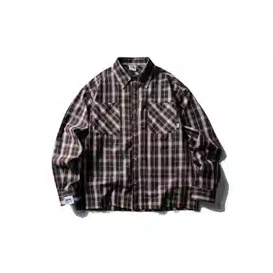 【dme】 简约日系复古撞色长袖格子衬衣男春秋潮牌设计感毛边格纹宽松情侣舒适百搭休闲多口袋衬衫 男女同款