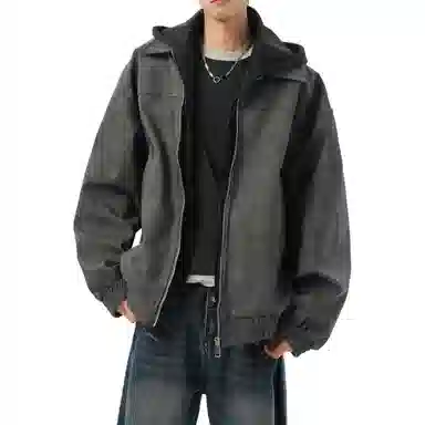 美式复古高街情侣大码假两件皮夹克时尚休闲百搭宽松连帽外套工装飞行员机车皮衣 男女同款