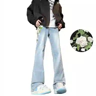 【万针刺绣3D立体浮雕】布客行 显腿长显高显瘦重工美式复古水洗直筒基础款文艺风花卉透气高街舒适亲肤休闲百搭微喇长裤牛仔裤 男女同款