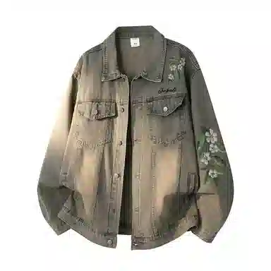 金贝勒 美式复古高街手绘立体仿刺绣花卉字母印花水洗做旧拼接翻领秋装夹克无性别主义百搭宽松长袖单排扣牛仔外套 男女同款