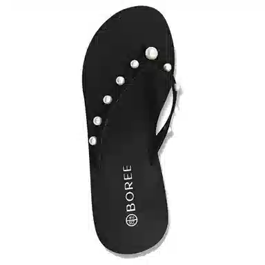 宝人 坡跟外穿珍珠装饰增高人字拖鞋 女款 黑色