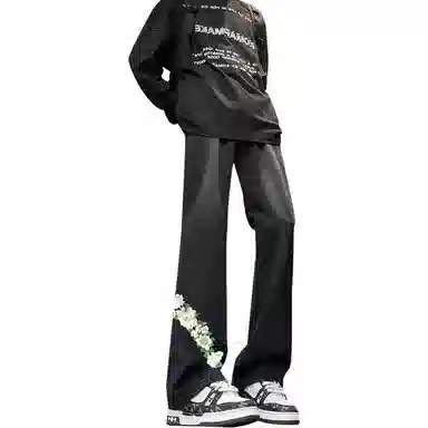 【万针刺绣3D立体浮雕】布客行 美式重工复古水洗基础款直筒高街舒适亲肤透气休闲百搭微喇纯色长裤显高显瘦显腿长弹力牛仔裤 男女同款