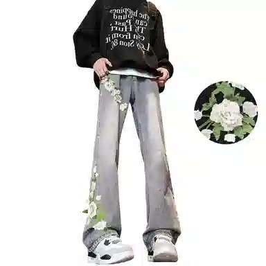 【万针刺绣3D立体浮雕】布客行 重工美式复古水洗直筒基础款花卉透气高街舒适亲肤休闲百搭微喇纯色显腿长显高显瘦长裤牛仔裤 男女同款