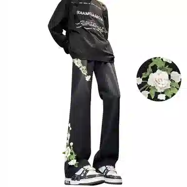 【万针刺绣3D立体浮雕】布客行 重工美式复古水洗直筒基础款花卉透气高街舒适亲肤休闲百搭微喇纯色显腿长显高显瘦长裤牛仔裤 男女同款