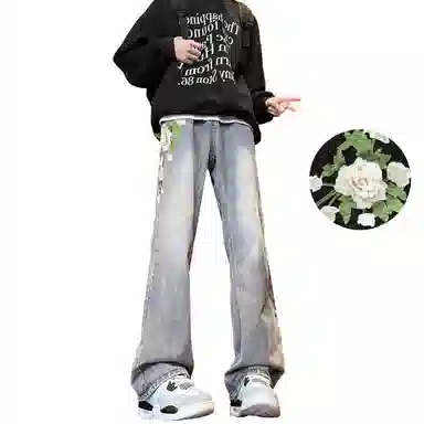 【万针刺绣3D立体浮雕】布客行 显腿长显高显瘦重工美式复古水洗直筒基础款文艺风花卉透气高街舒适亲肤休闲百搭微喇长裤牛仔裤 男女同款