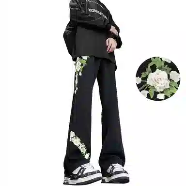 【万针刺绣3D立体浮雕】布客行 显腿长显高显瘦重工美式高街复古水洗直筒基础款花卉透气舒适亲肤休闲百搭微喇长裤牛仔裤 男女同款