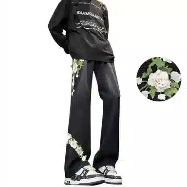 【万针刺绣3D立体浮雕】布客行 显腿长显高显瘦重工美式高街复古水洗直筒基础款花卉透气舒适亲肤休闲百搭微喇长裤牛仔裤 男女同款