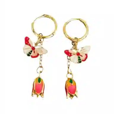 彤彤兔 新中式滴油蝴蝶花朵耳扣中国风气质耳钉高级感通勤耳饰#好运 合金 耳环 女款