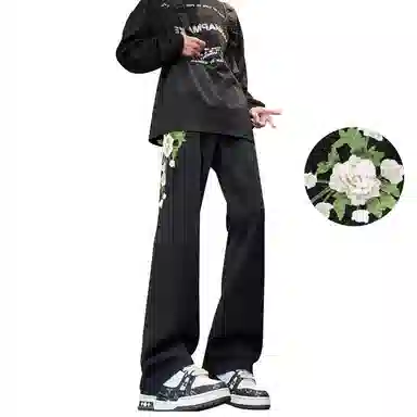 【万针刺绣3D立体浮雕】布客行 显腿长显高显瘦重工美式复古水洗直筒基础款文艺风花卉透气高街舒适亲肤休闲百搭微喇长裤牛仔裤 男女同款