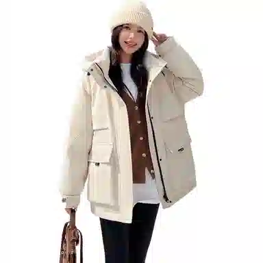 鸭鸭 纯色简约连帽常规长袖通勤面包服羽绒服 女款