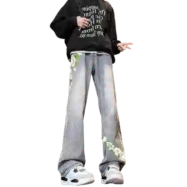 【万针刺绣3D立体浮雕】布客行  重工美式复古水洗基础款直筒高街舒适亲肤透气休闲百搭微喇纯色长裤显高显瘦显腿长弹力牛仔裤 男女同款