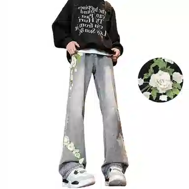 【万针刺绣3D立体浮雕】布客行 显腿长显高显瘦重工美式高街复古水洗直筒基础款花卉透气舒适亲肤休闲百搭微喇长裤牛仔裤 男女同款