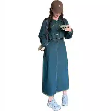 稻草人 休闲舒适收腰时尚百搭长袖连衣裙 女款