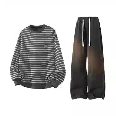 【腊肠小狗刺绣打底衫牛仔裤一套】布客行 美式潮牌圆领长袖条纹百搭港风卫衣抽绳水洗复古做旧阔腿通勤长裤休闲运动套装 男女同款