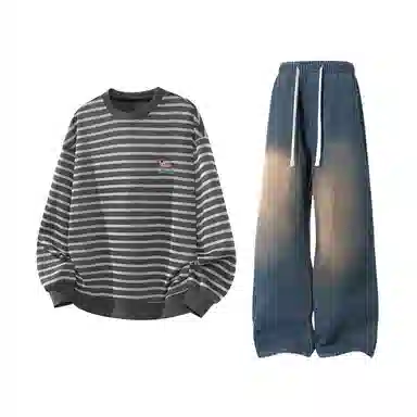 【腊肠小狗刺绣打底衫牛仔裤一套】布客行 美式潮牌圆领长袖条纹百搭港风卫衣抽绳水洗复古做旧阔腿通勤长裤休闲运动套装 男女同款