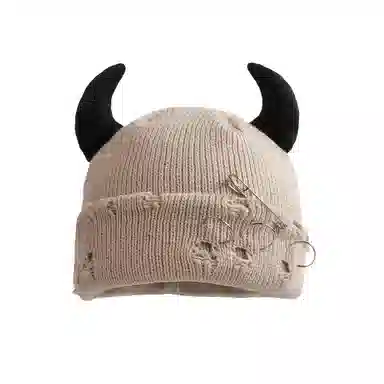 尚先生 秋冬恶魔角帽保暖针织帽万圣节别针破洞瓜皮帽#好运 毛线 牛角包头帽 男女同款情侣款