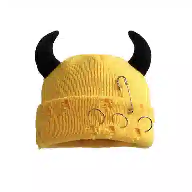 尚先生 秋冬恶魔角帽保暖针织帽万圣节别针破洞瓜皮帽#好运 毛线 牛角包头帽 男女同款情侣款