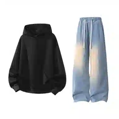 【港风大码重磅华棉外套牛仔裤一套】布客行 纯色宽松连帽长袖简约百搭亲肤舒适外穿抽绳水洗做旧复古感阔腿休闲长裤卫衣套装 男女同款