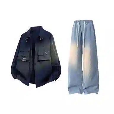 【朋克风金属装饰大口袋翻领小衫裤子一套】布客行 高街小众百搭款通勤长袖上衣外套抽绳渐变阔腿宽松水洗做旧牛仔长裤衬衫套装 男女同款