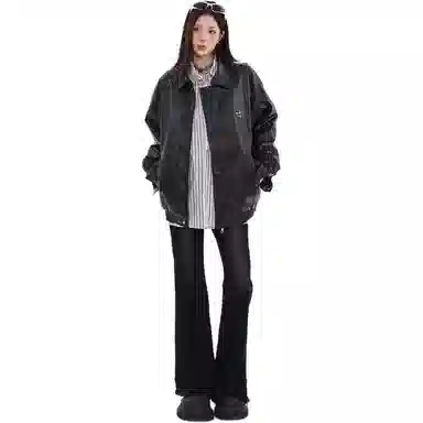 邓大喵 美拉德美式复古宽松高级感翻领皮衣 女款